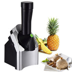Ice cream maker with pineapple, banana, and ice cream on a white background