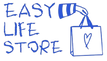 Hand-drawn logo for 'Easy Life Store' with a shopping bag and heart on a white background.