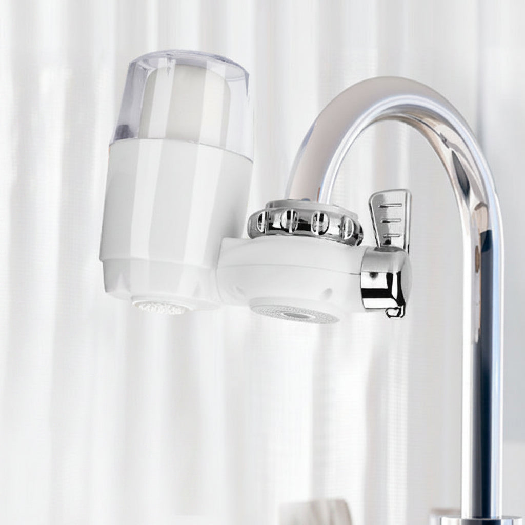 Water filter attached to a faucet in the background.