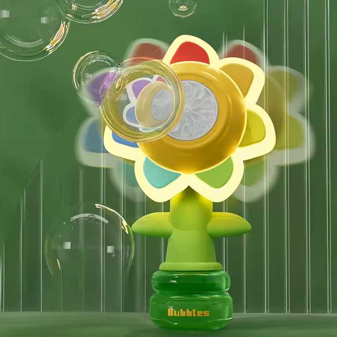 Flower-shaped bubble machine with bubbles in front of a green background