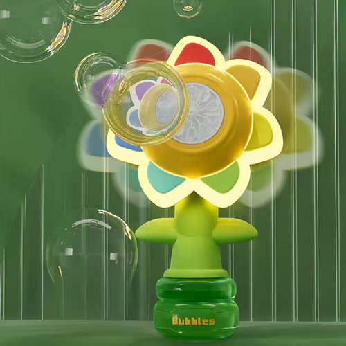 Flower-shaped bubble machine with bubbles in front of a green background