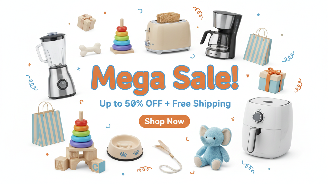Promotional banner for a Mega Sale with various kitchen appliances and toys on a white background.