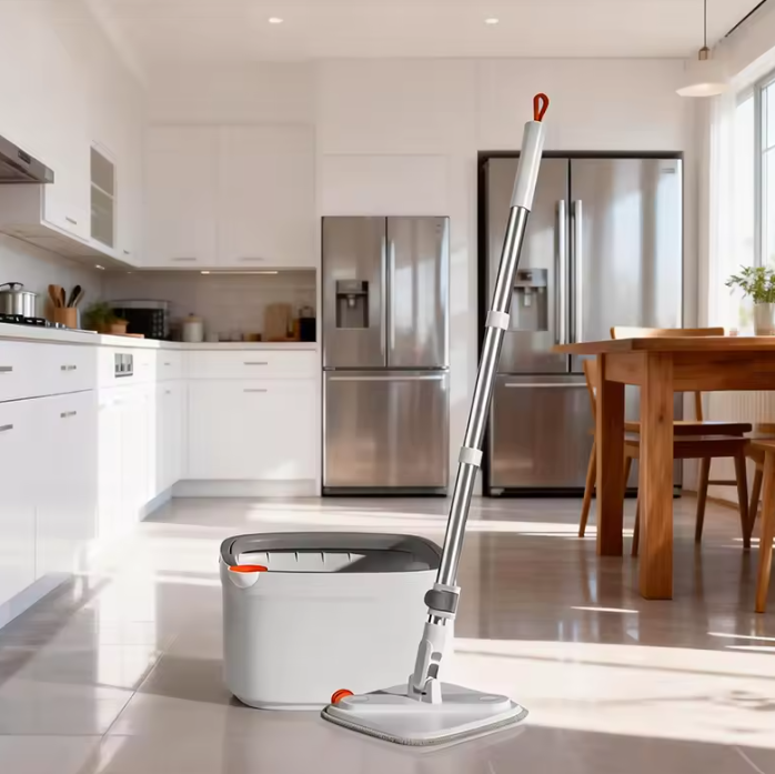 Mop and bucket set on a shiny kitchen floor with modern appliances in the background